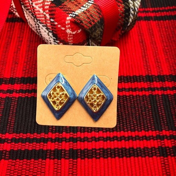 Vintage Teal Gold Pierced Earrings - Picture 1 of 2